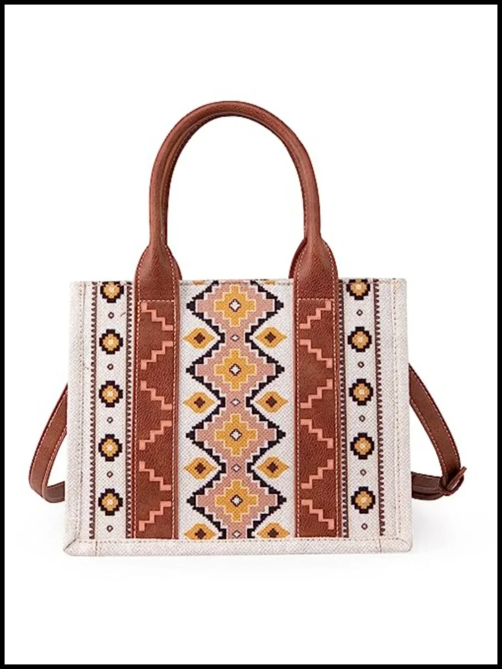 Western Aztec Print Tote Bag with Detachable Crossbody Strap Cotton Canvas